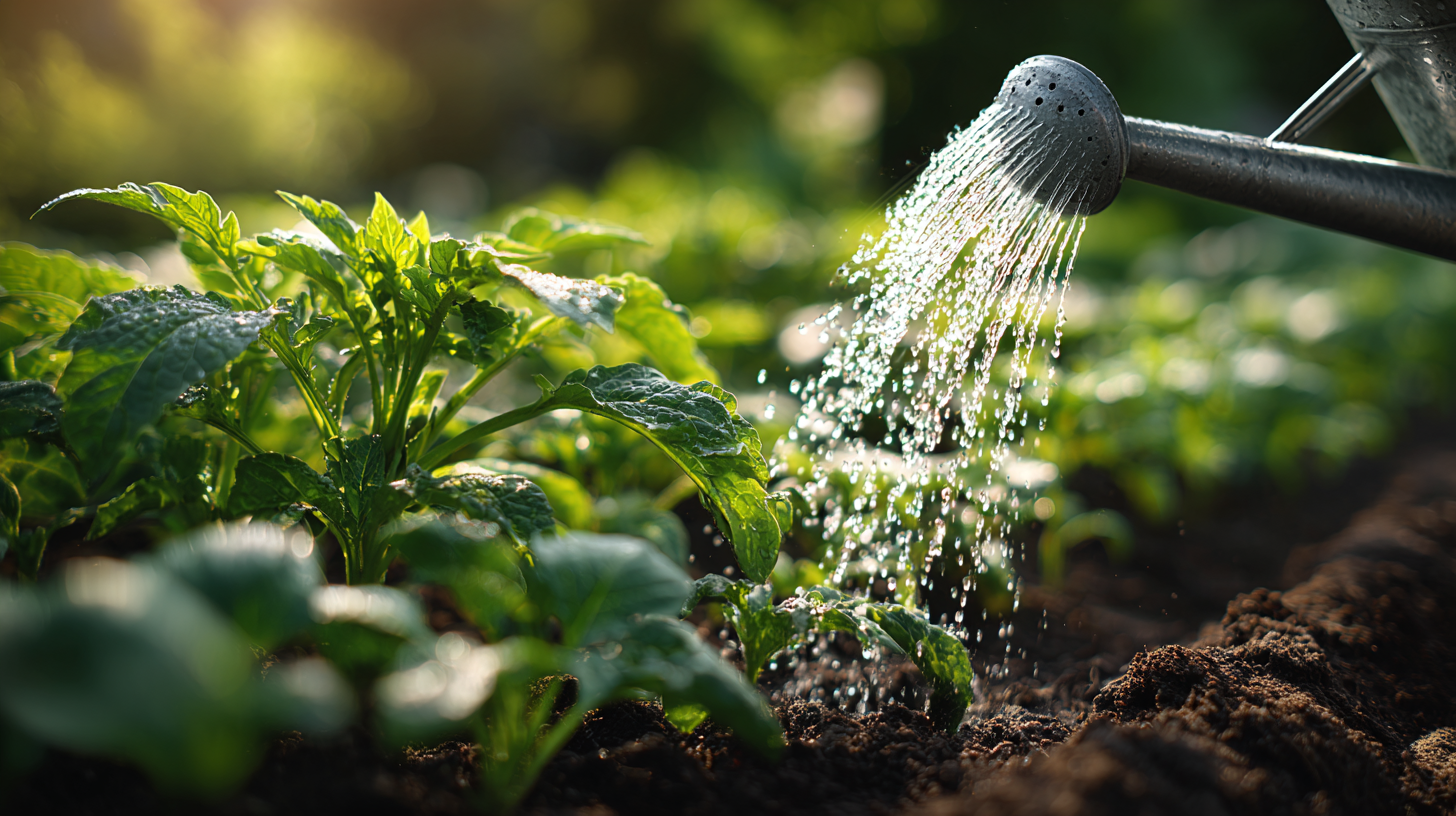 Nahaufnahme von gesunden grünen Pflanzen, die mit Wasser und Flüssigdünger versorgt werden – symbolisiert einfachen Düngeplan für Anfänger