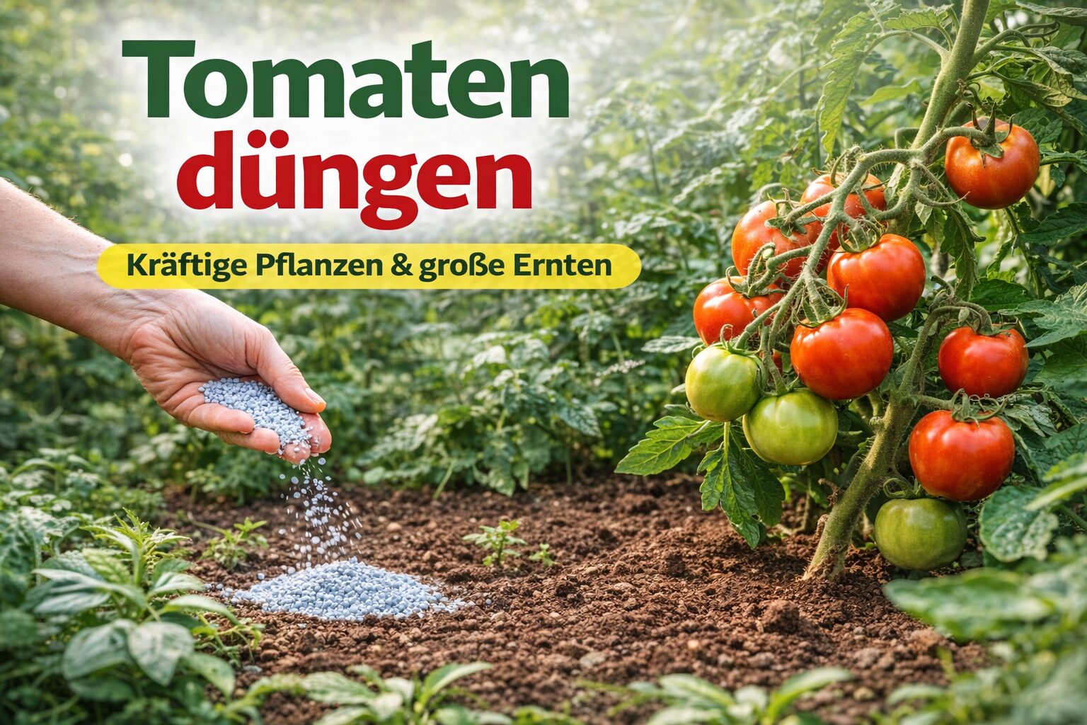 Tomatenpflanzen im Garten beim Düngen für eine große Ernte